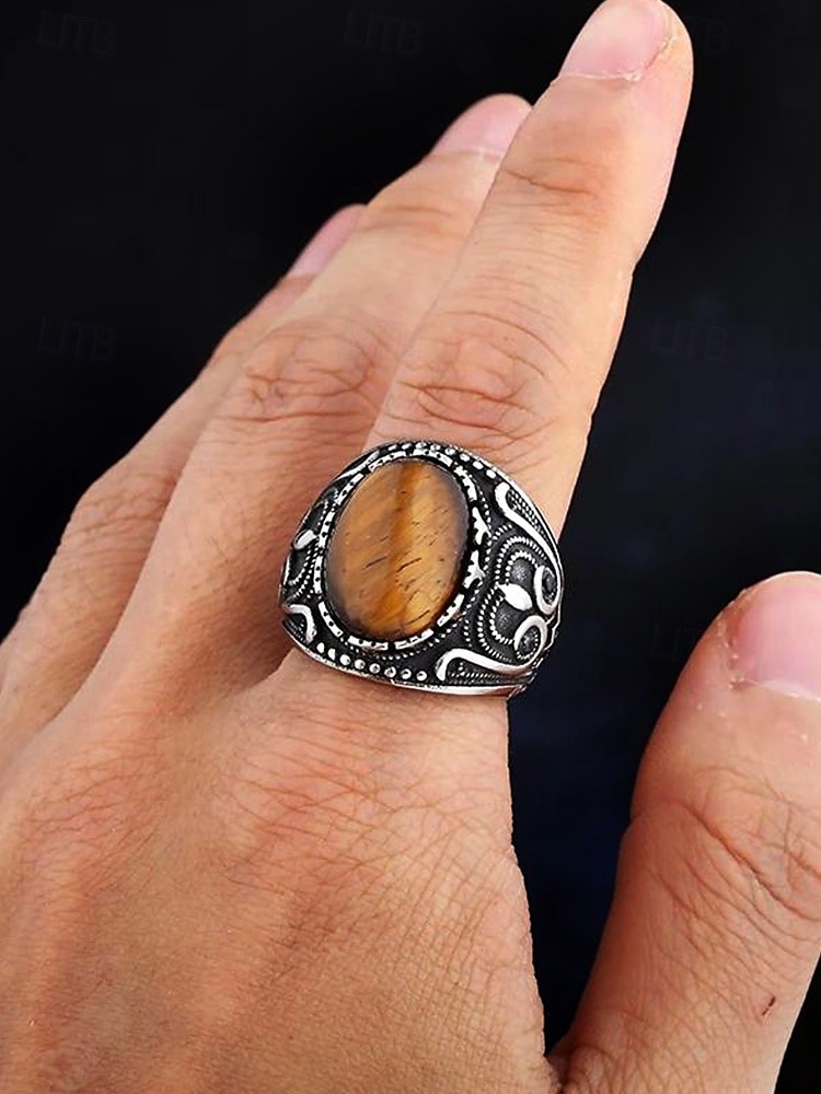 menns vintage tigerøye stein ring i rustfritt stål, antikk sølv tribal design, dristig statement ring, egnet for uformelle og formelle anledninger 2025 - $14.99 –P1