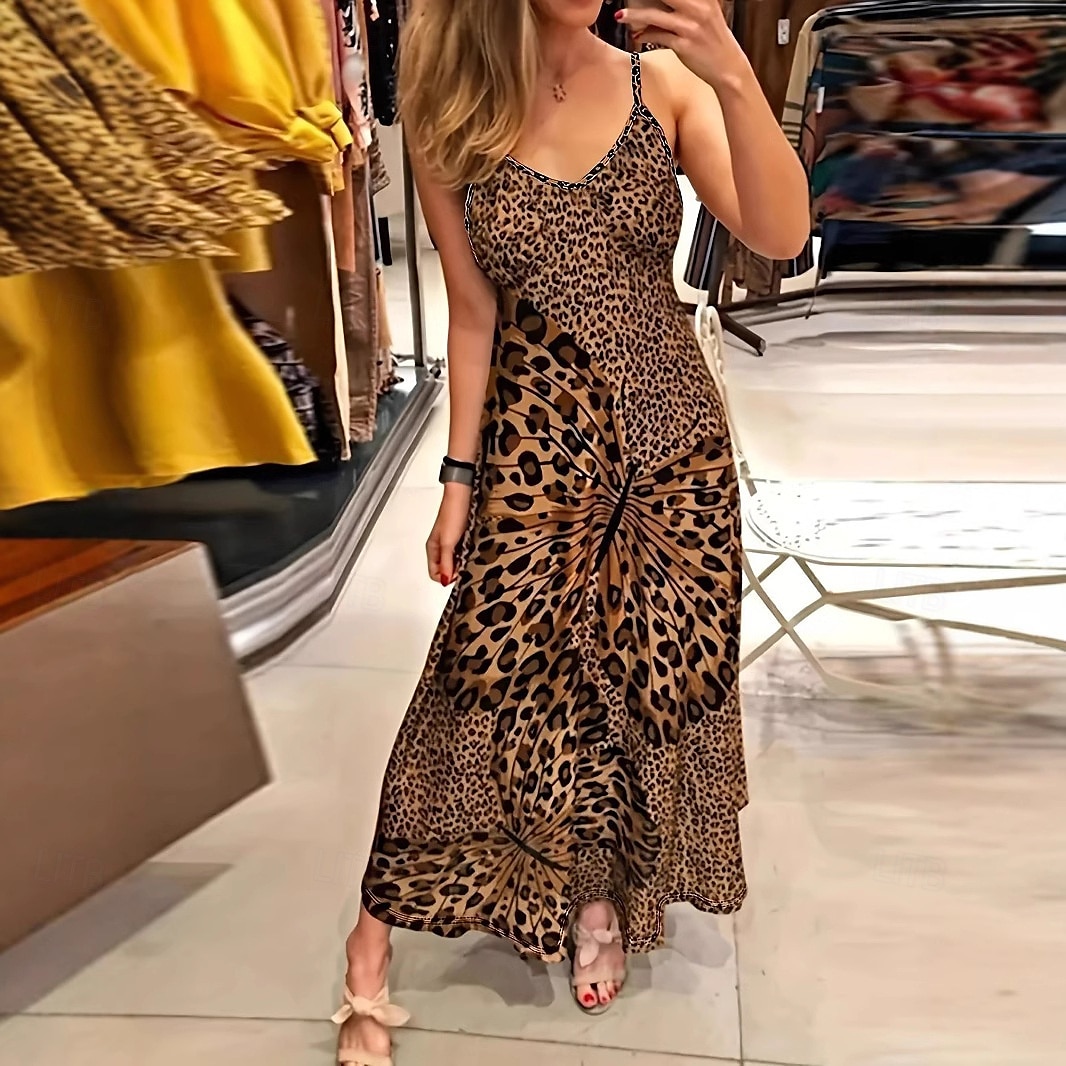 Femmes Robe maxi Robe trapèze Robe d'été Robe Nuisette Vacances Occasionnel Extérieur Sortir Coupe régulière Graphique Léopard Sans manches Col en V Marron Été de 2025 ? $28.99 –P1