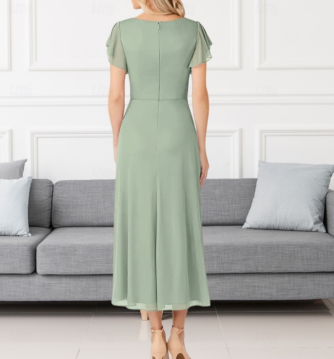 A-Line Wedding Guest Dresses Elegant Dress Wedding Guest Engagement Tea Length Short Sleeve V Neck Chiffon with Pleats Ruched 2025 - $158.99 –P2