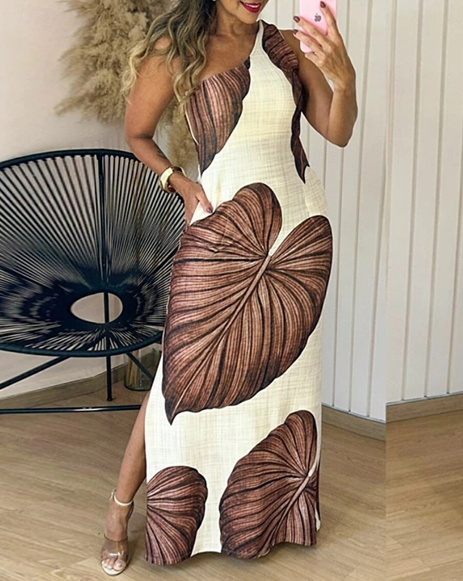 Dámské Dlouhé šaty Maxi šaty Plášťové šaty Letní šaty Elegantní Dovolená Rande Běžný S lístky Bez rukávů Jedno rameno Rubínově červená Hnědá Léto 2025 - $27.99 –P4