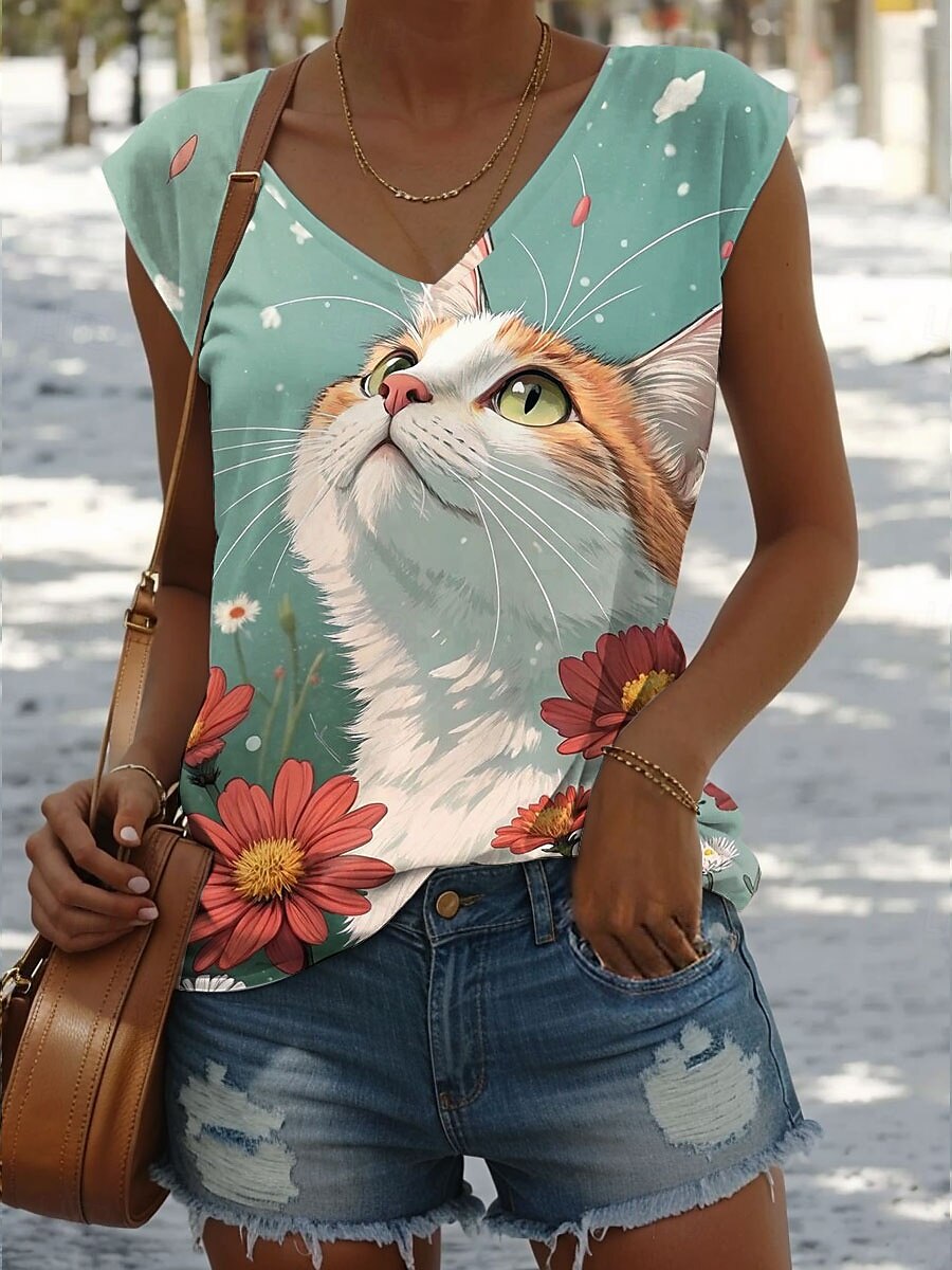 Pentru femei Camisole Tank Top Grafic Animal Pisica Epocă Stilat Casual Fără manșon În V Topuri obișnuite Zilnic Imprimeu Trifoi Vară Primăvară 2025 - AU $32.89 –P1