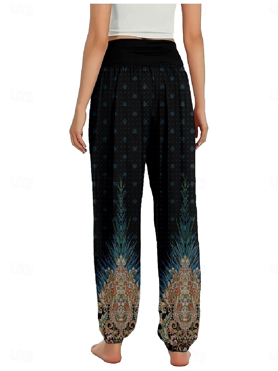 Dam Linneinspirerade byxor Brett skaft Byxor Etnisk Stil Ledigt Boho Fullängd Hög midja Grafiska tryck Ficka Elastisk midja Tryck Mateial som andas Mjuk Microelastisk Utomhus Yoga Svart Blå Purpur 2025 - $21.99 –P8