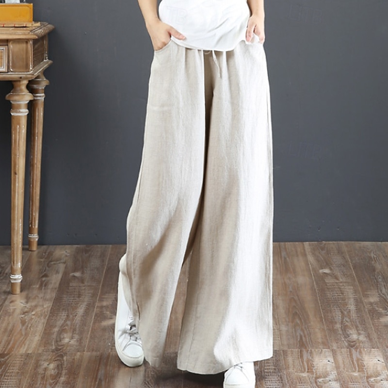 Damen Weites Bein Hose aus Baumwollleinen Stoffhosen Mode Streetwear Volle Länge Natürliche Taille Einfach Tasche Elastisches Kordelzugdesign Bequem Außenbereich Straße Ferien Wochenende Aprikose 2025 - $15.99 –P12