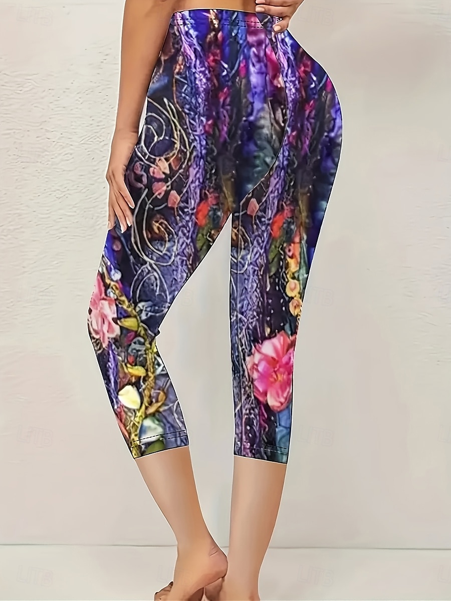 Women's Leggings Capri Pants High Elasticity Vacation Vintage Fashion Calf-Length High Waist Floral Graphic Printing Breathable Soft Stretchy Formal Outdoor Vacation Violet Summer Spring Slim Fit 2025 - $18.99 –P2