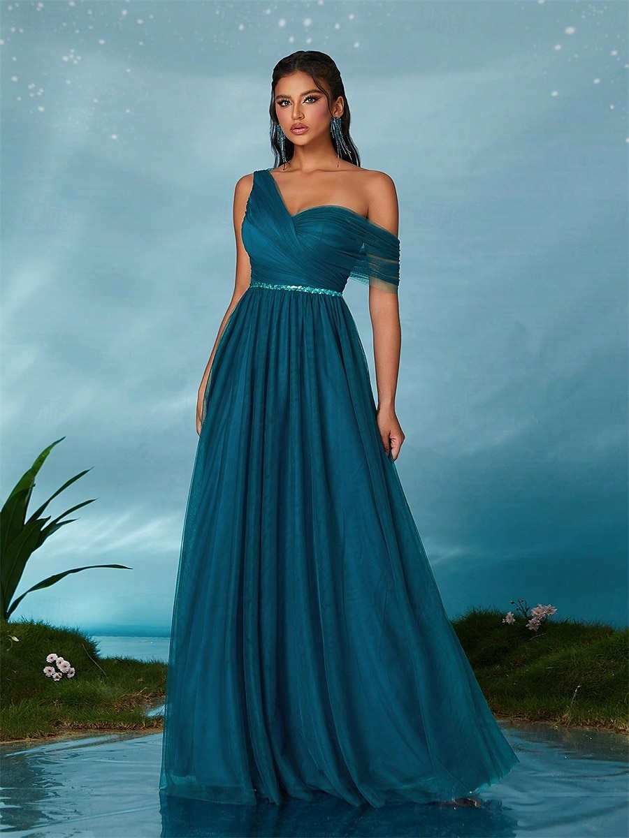 Abiti da festa A-Line Quinceañera Abito da festa Matrimonio Ospite di matrimonio Lunghezza del pavimento Senza maniche Scollo a V Tulle Senza schienale con Faldini del 2025 a $89.99 –P4
