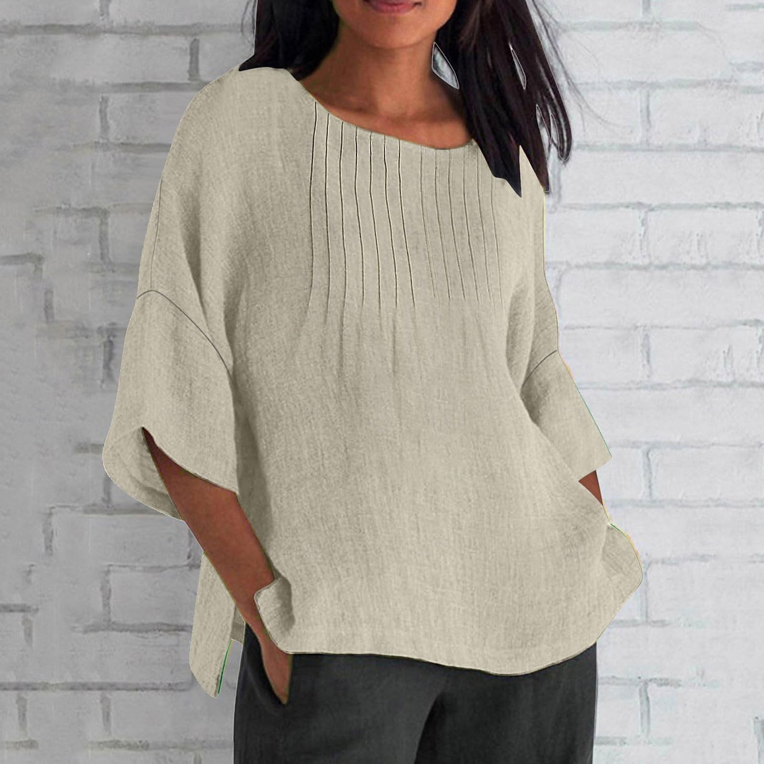 Women's Blouse Faux Cotton Linen Pleated Solid Color Elegant Casual Short Sleeve Crew Neck Regular Tops Daily Holiday Blue Pink Green Khaki Beige Summer 2026 - $21.99 –P4