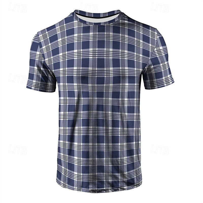 Herren T Shirt Henley Hemd T-Shirt Kurzarmshirt Kurzarm Rundhalsausschnitt Sommer Karo Mode Designer Basic Kariert Urlaub Straße Ausgehen Schwarz Blau Dunkel Blau Top T-Shirt für Herren 2025 - $10.99 –P4