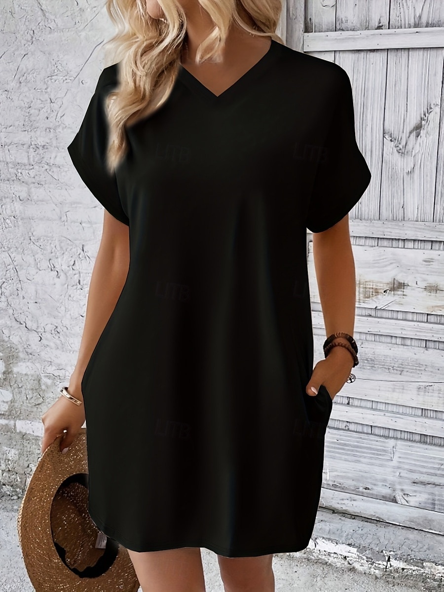 Damen Mini Kleid T-Shirt Kleid Tee Kleid einfarbig Sommer Kleid lässig täglich reguläre Passform Grafik Kurzarm V-Ausschnitt Schwarz Rot Olivgrün Aprikose Sommer 2025 - $19.99 –P9
