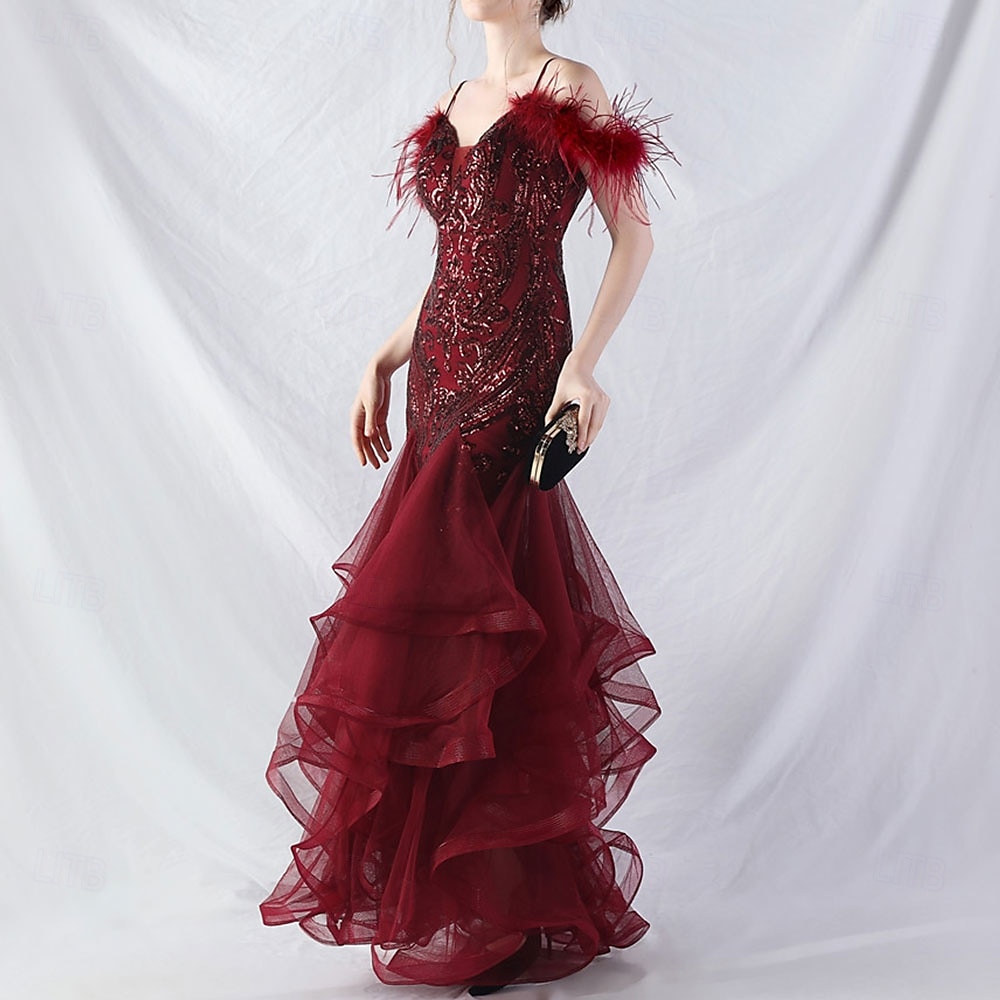 Abiti Quinceanera Mermaidi  Trumpet in Paillettes Elegante Abito Formale Semi Formale Matrimonio Lunghezza P_avimento Senza Maniche Scollo a V Tulle Volant con Piume del 2025 a $139.99 –P5