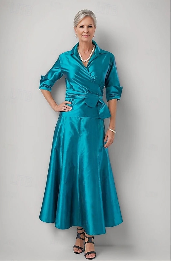 Twee Delige A-lijn Moeder van de Bruid Jurk Elegante Simpele Minimalistische Overhemdkraag Enkellengte Satijn Polyester Halve Mouw met Drapering Effen Kleur Race Dag Jurk 2025 - $148.99 –P1