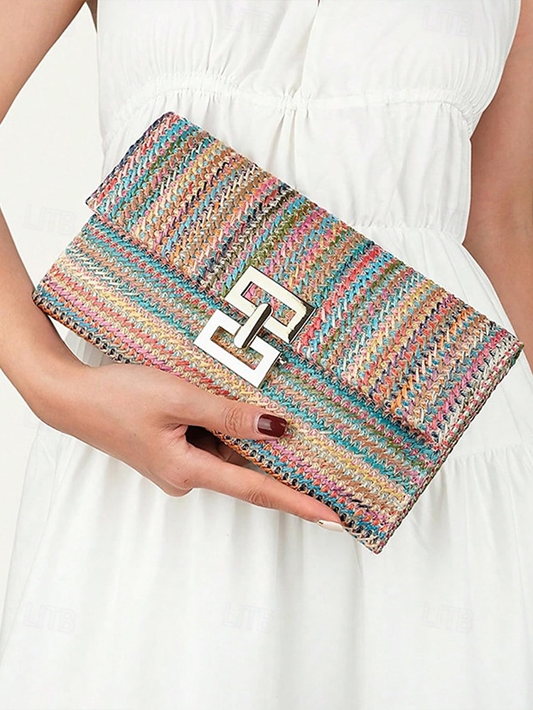 Damen-Umhängetasche aus gewebtem Stroh mit goldenem Kettenriemen – elegante Sommer-Clutch für Strand-, Urlaubs- und Resort-Outfits 2025 - $19.99 –P1