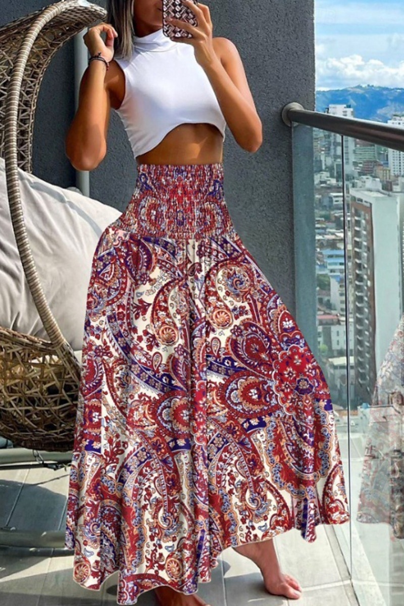 Mulheres Saia Bohemia Casual Boho Longo Cintura Média Saias Floral Imprimir Micro-Elástica Férias Rua Azul marinho Amêndoa Vermelho Azul Verão Poliéster de 2025 por $20.99 –P3