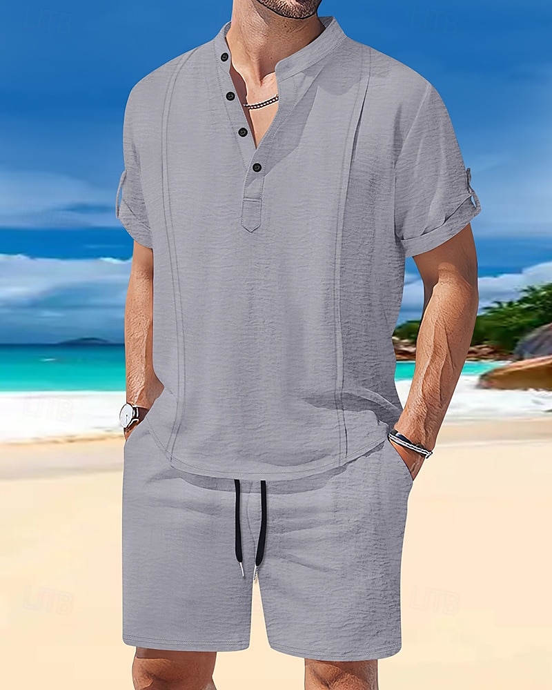Men's T-shirt Suits 2 Pieces Outfits Tee & Shorts Short Sleeve Henley Summer Plain Fashion Casual 2 Piece Vacation Daily Wear Going out White Royal Blue Brown Top Tee for Men 2025 - $35.99 –P3