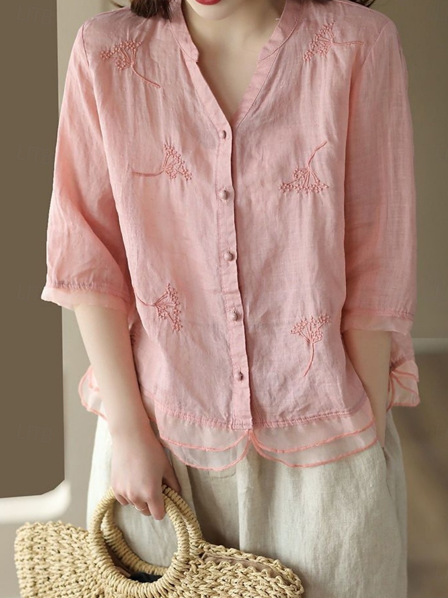 Women's Shirt Solid Color Basic Casual 3/4 Length Sleeve Shirt Collar Regular Tops Daily Mesh Patchwork Buttons White Yellow Pink Purple Summer 2025 - $22.99 –P3
