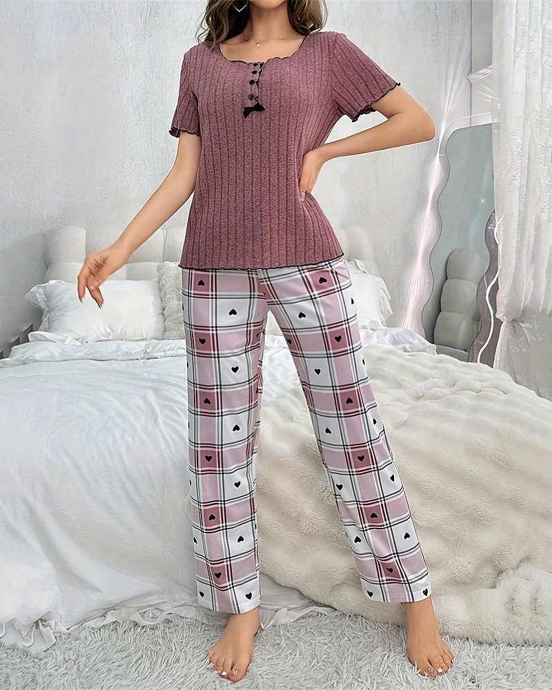 Dame Pyjamas Pyjamas Sett Varm Mote Fritid Gitter / Teppe Knapper T skjorte Bukse Hjem Daglig Seng Kortermet Crew-hals Lilla Sommer Vår Skreddersydd 2025 - $29.99 –P2
