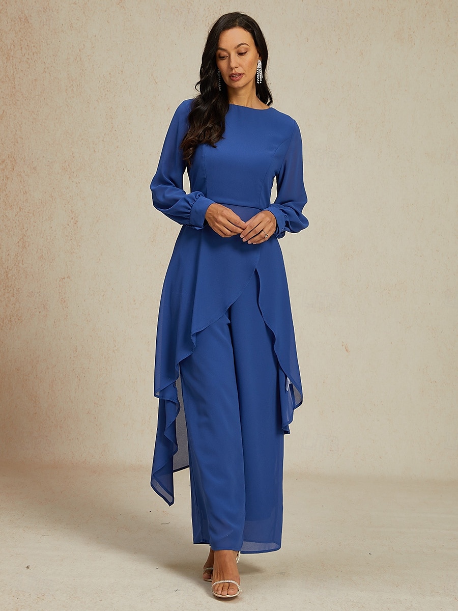 női esküvői vendég jumpsuit elegáns sötétkék hosszú áttetsző ujjú széles láb elegáns esti parti viselet kerek nyakkivágás tavasz nyár ősz 2025 - $55.99 –P3