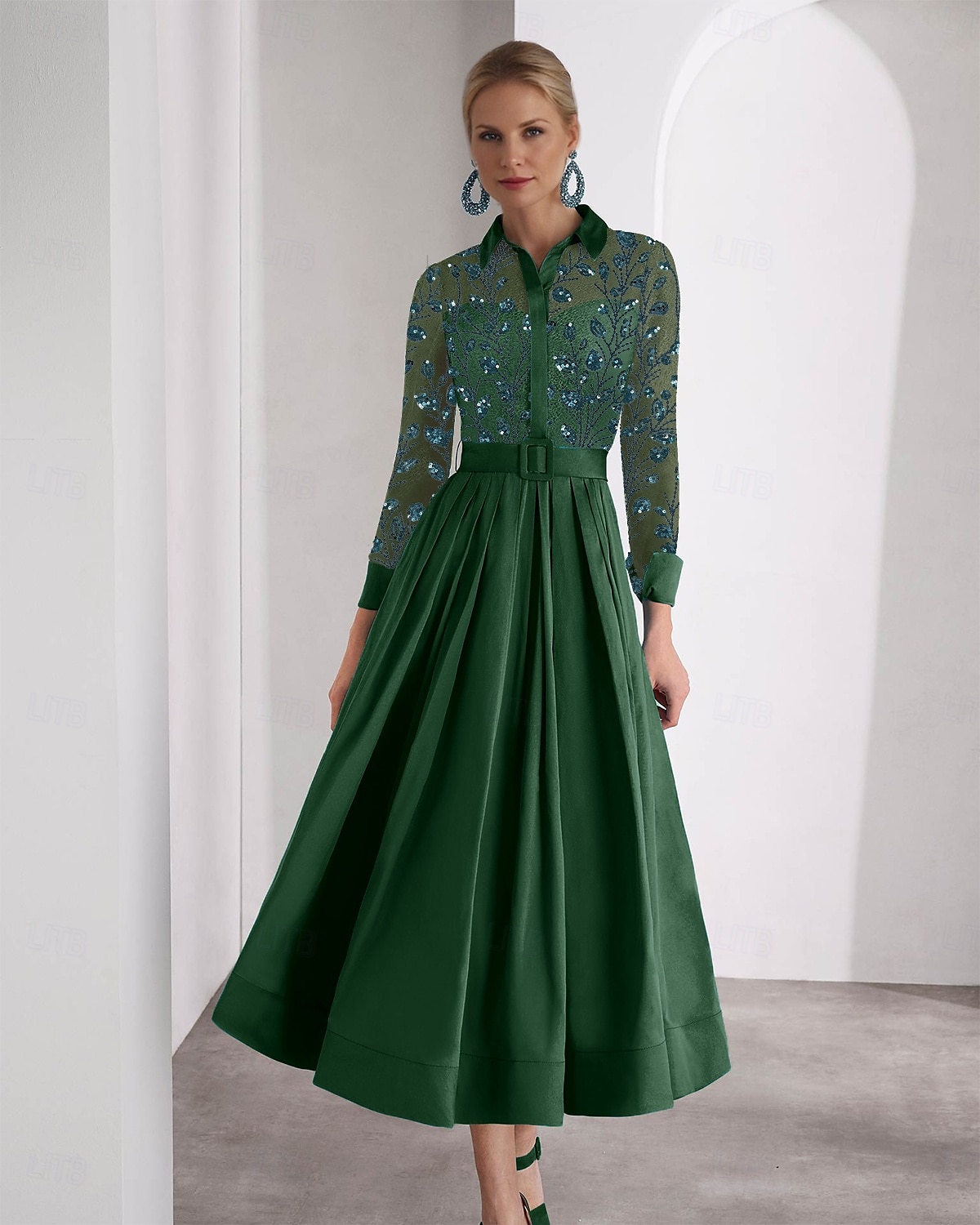 Blue Green Embroidered A-Line Cocktail Dresses Elegant Formal Wedding Guest Ankle Length Long Sleeve Shirt Collar Satin with Glitter Slit 2025 2025 - $172.99 –P4