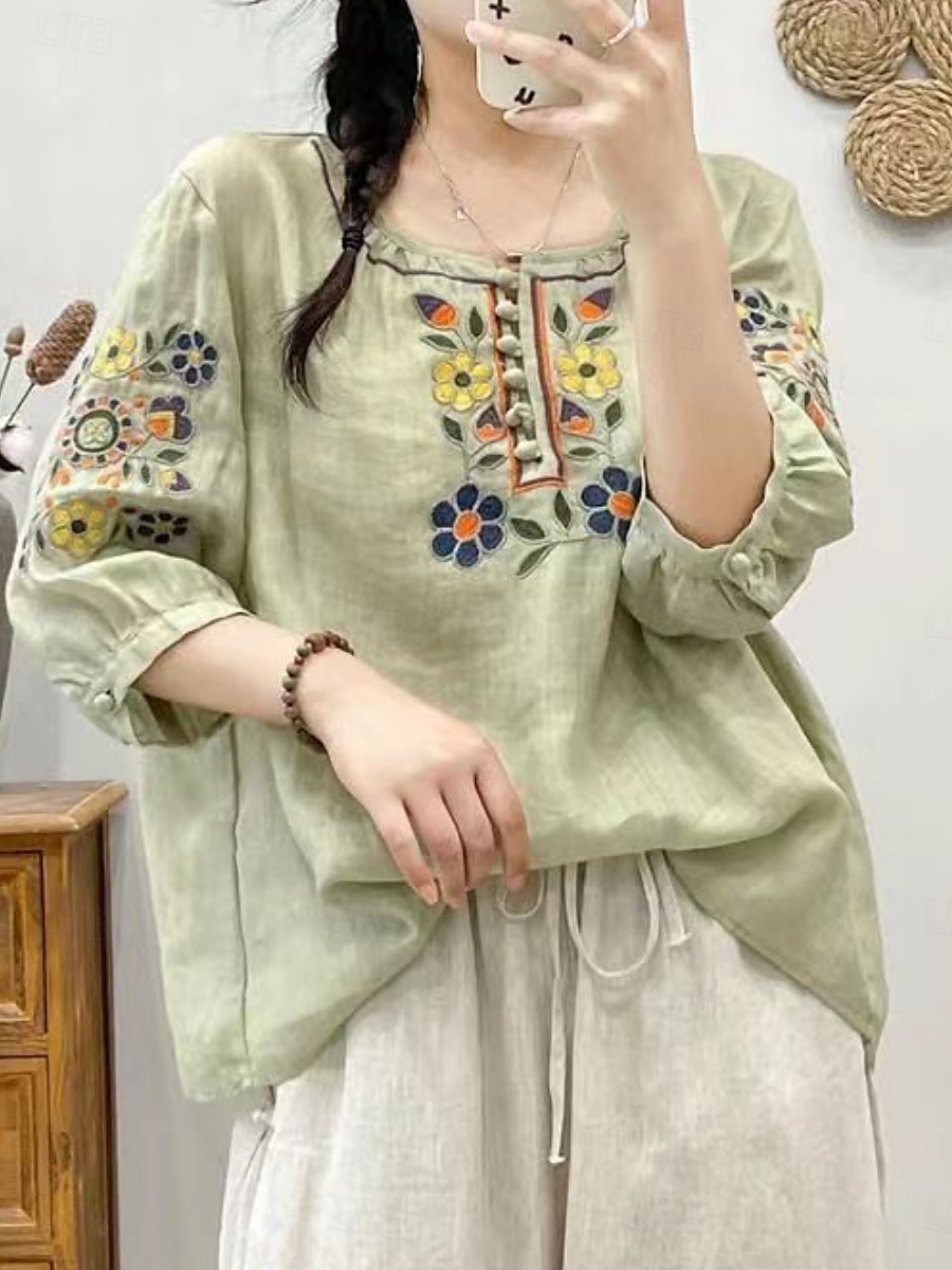 Femmes Chemise Fleuri Élégant Occasionnel Manche 3/4 Col ras du cou Hauts Réguliers Quotidien Broderie Vert Claire Rose Claire Fuchsia Abricot Bleu clair Été Printemps de 2025 ? $19.99 –P9