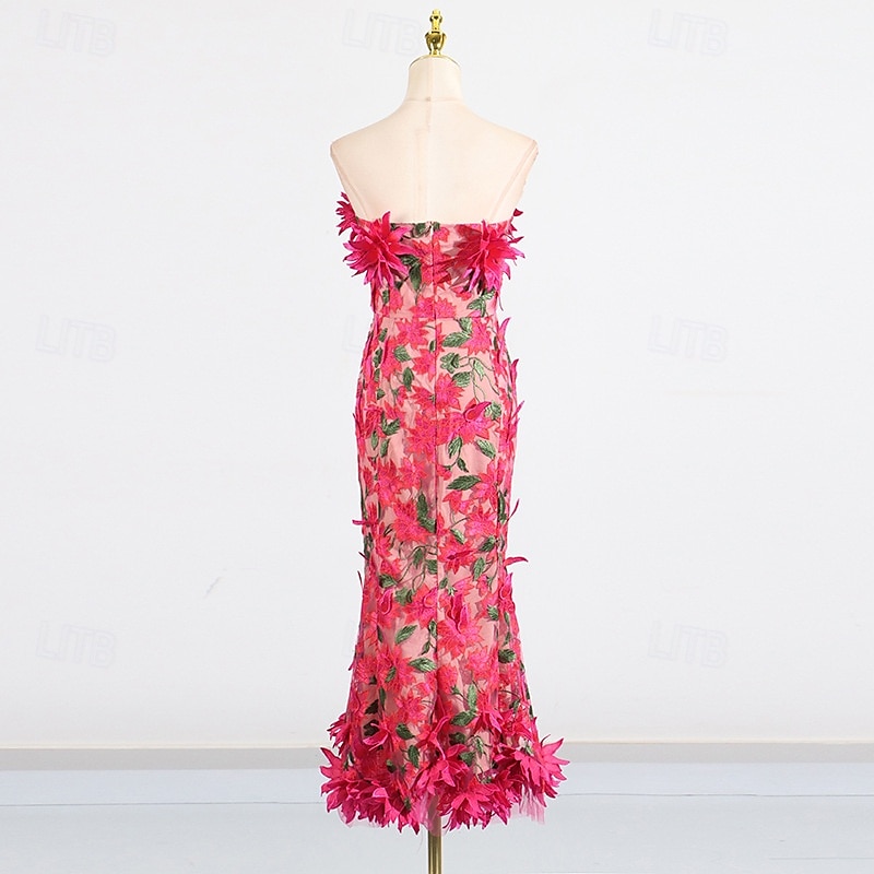 Robes Fourreau  Colonne Robe Rose Fuchsia Invité de Mariage Robe de Cocktail Sans Manches Sans Épaule Fleurs avec Dentelle Brodée de 2025 ? $149.99 –P5
