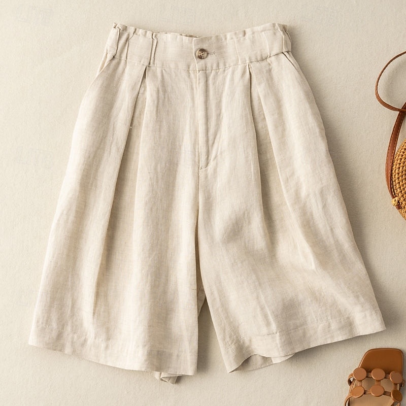 Dame Shorts i bomullslin Shorts Bukser Gatemote Fritid Knelengde Naturlig عادي Lomme Elastisk midje Utendørs Bekvem utendørs Feriereise Aprikos Grønn Kakifarget Sommer Normal 2025 - $26.99 –P6