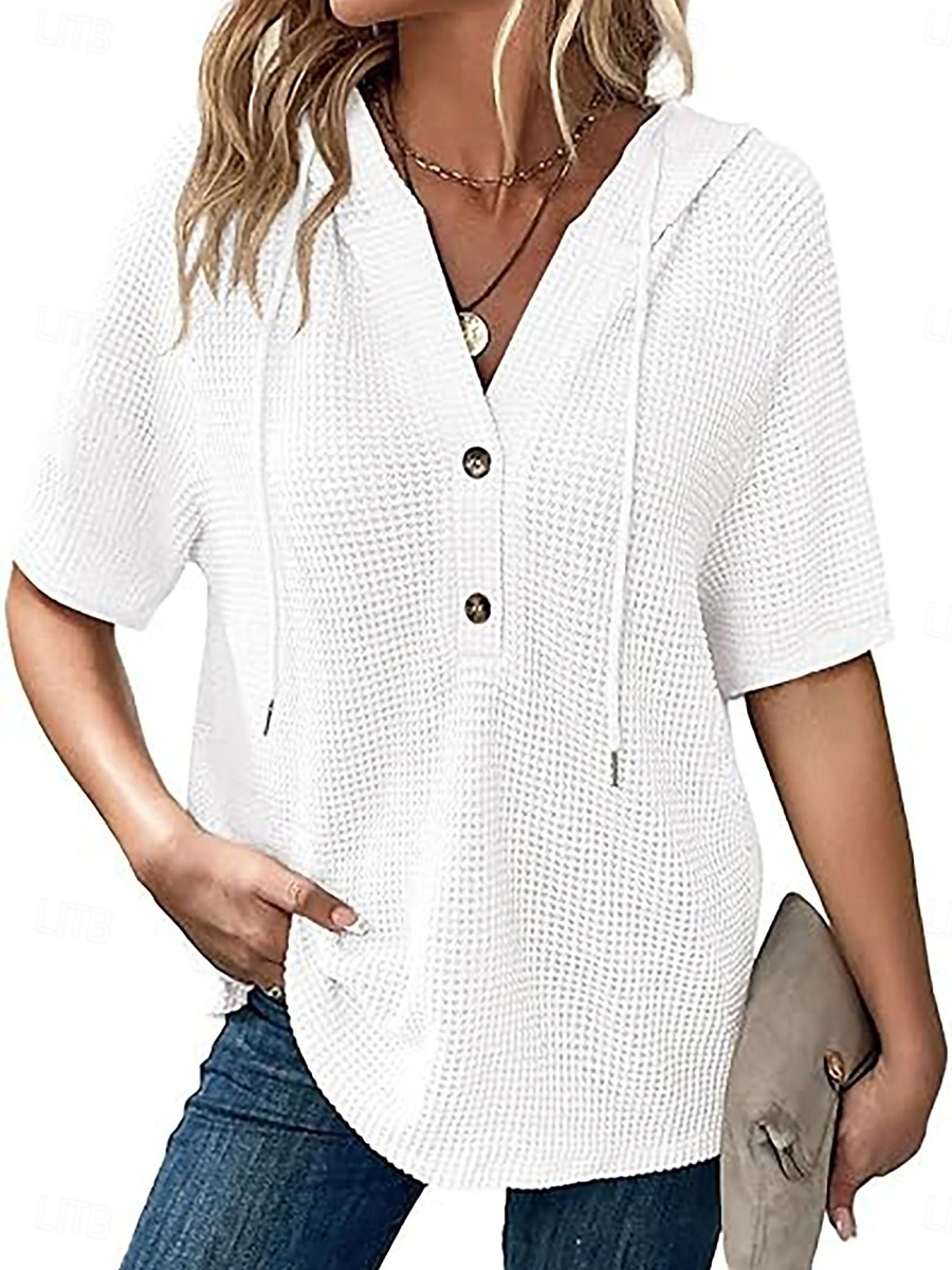 Per donna Blusa Semplice Essenziale Moderno Manica Corta Scollo a V Top Regolari Quotidiano Bottoni Nero Bianco Rosa Rosso Blu marino Estate del 2025 a $16.99 –P4