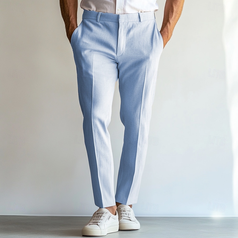 Herren Leinenhose Anzughose Sommer gerades Bein einfarbig atmungsaktiv lässig Urlaubsmode himmelblau hellgrau beige 2025 - $39.99 –P4