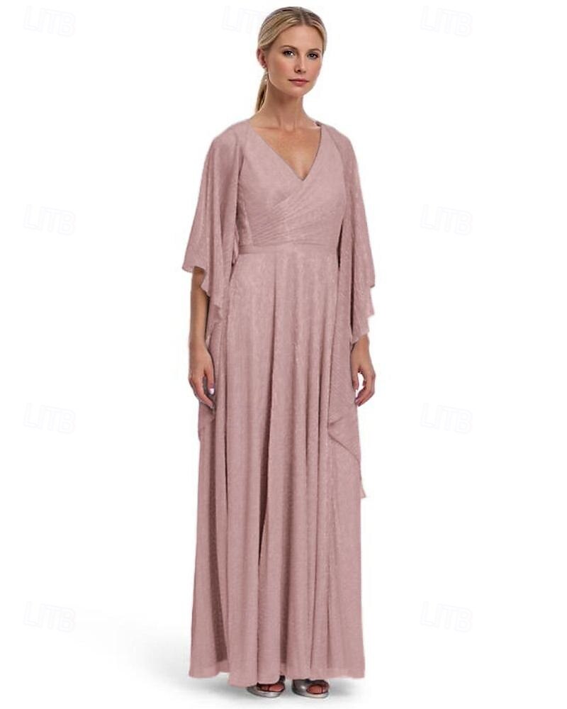 Metallic Lurex Chiffon A-Linie Mutter der Braut Kleid elegantes einfach minimalistisches V-Ausschnitt bodenlang halbärmel mit Rüschendetails 2025 - $163.99 –P5