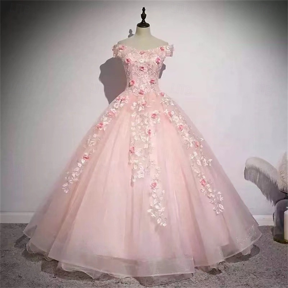 Kuličkový šaty A-line Quinceanera Elegantní šaty pro svatbu Svatební host Šaty k zemi bez rukávů Off Shoulder Polyester bez zad s květinovým potiskem a sklady 2025 - $129.99 –P1
