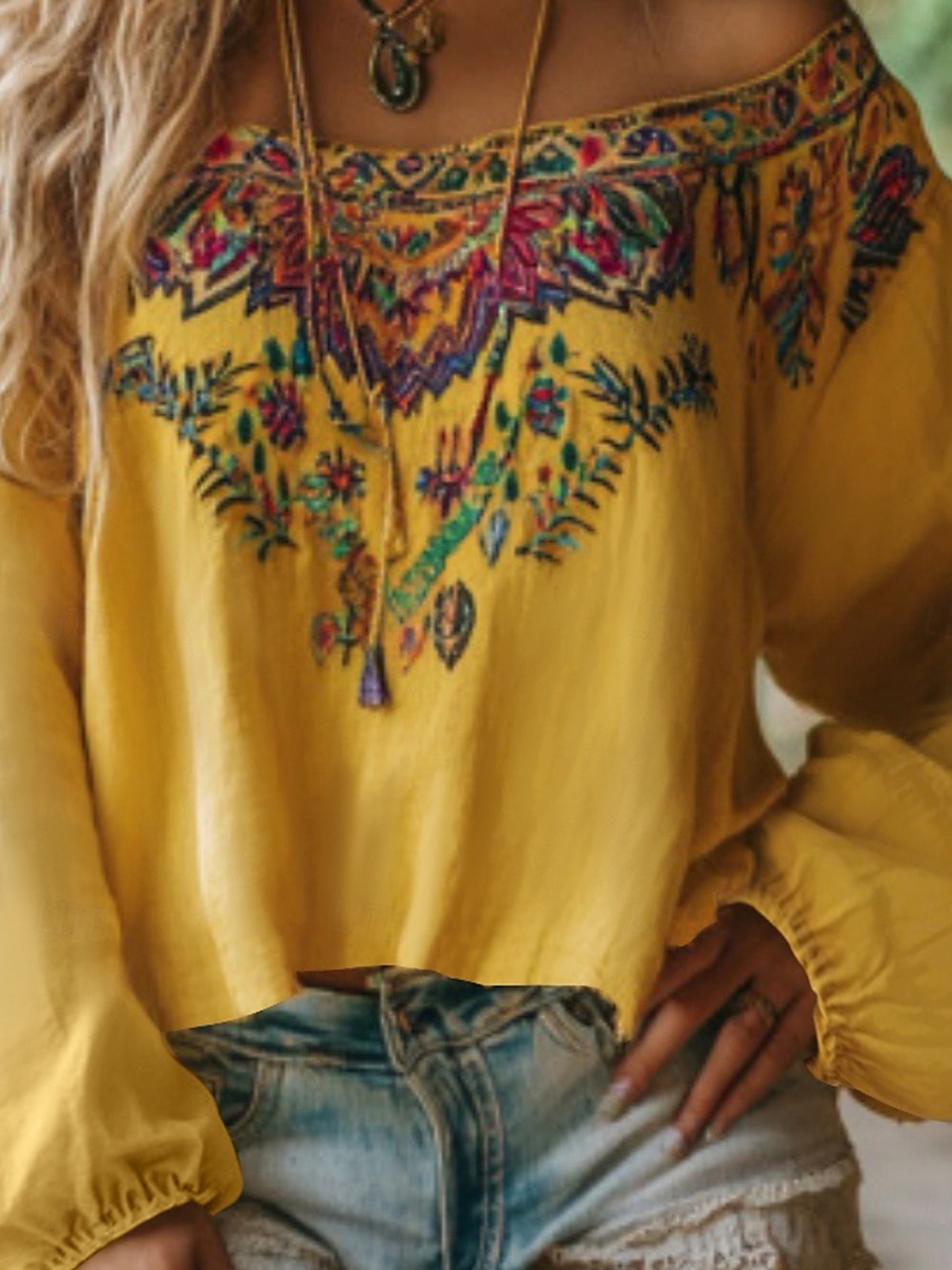 Women's Blouse Boho Blouse Floral Retro Vintage Ethnic Long Sleeve Off Shoulder Regular Tops Daily Holiday Print Yellow Summer 2025 - $21.99 –P2