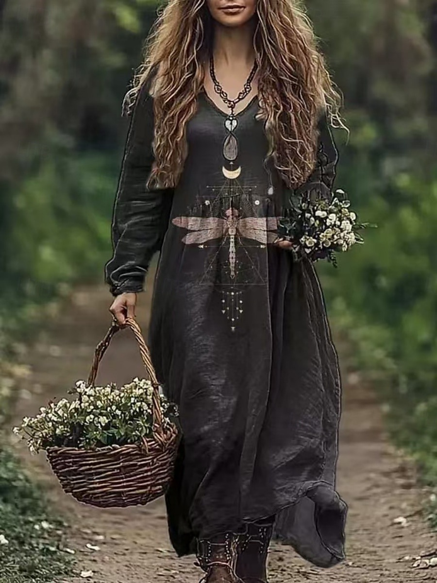 Damskie Długa sukienka sukienka maxi Codzienne sukienki Letnie sukienki Sukienka Boho Plemienny Urlop Codzienny Regularny Kwiaty Długi rękaw W serek Czarny Rumiany róż Burgundowy Niebieski Lato 2025 - $22.99 –P3