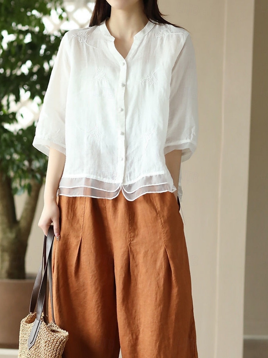 Women's Shirt Solid Color Basic Casual 3/4 Length Sleeve Shirt Collar Regular Tops Daily Mesh Patchwork Buttons White Yellow Pink Purple Summer 2025 - $22.99 –P11