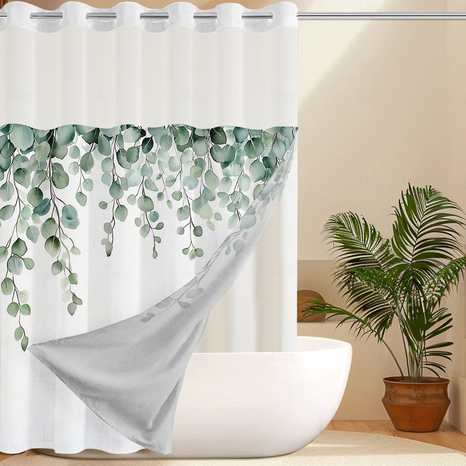 No Hook Shower Curtain 180cm*180cm(70"*70")with Snap-in Polyester Fabric Liner Sheer Top Window Waterproof Double Layer Bathtub Curtain Leaves Pattern 2025 - $41.99 –P1