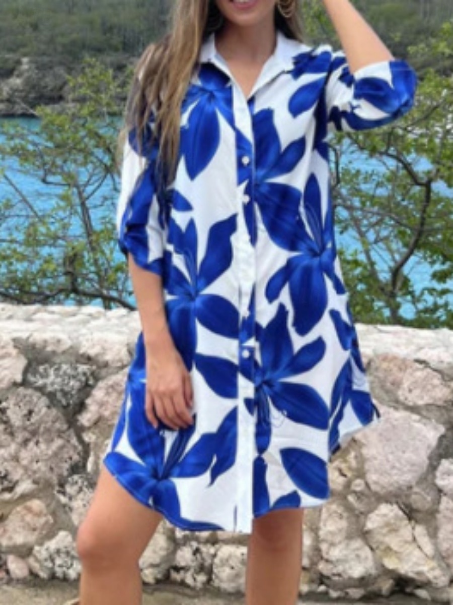 Women's Mini Dress Shirt Dress Casual Dress Summer Dress Fashion Modern Daily Weekend Regular Fit Floral Leaf Long Sleeve Shirt Collar Black White Blue Green Summer 2025 - $21.99 –P1