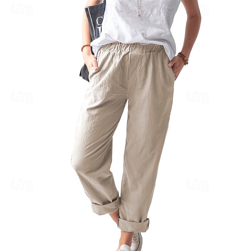 Per donna Pantaloni in cotone e lino Pantaloni Eleganti Casual Lunghezza intera Naturale Semplice Tasca Elastico in vita All'aperto Confortevole Streetwear Uscire Magenta azzurro cielo Grigio Nero del 2025 a $24.99 –P1