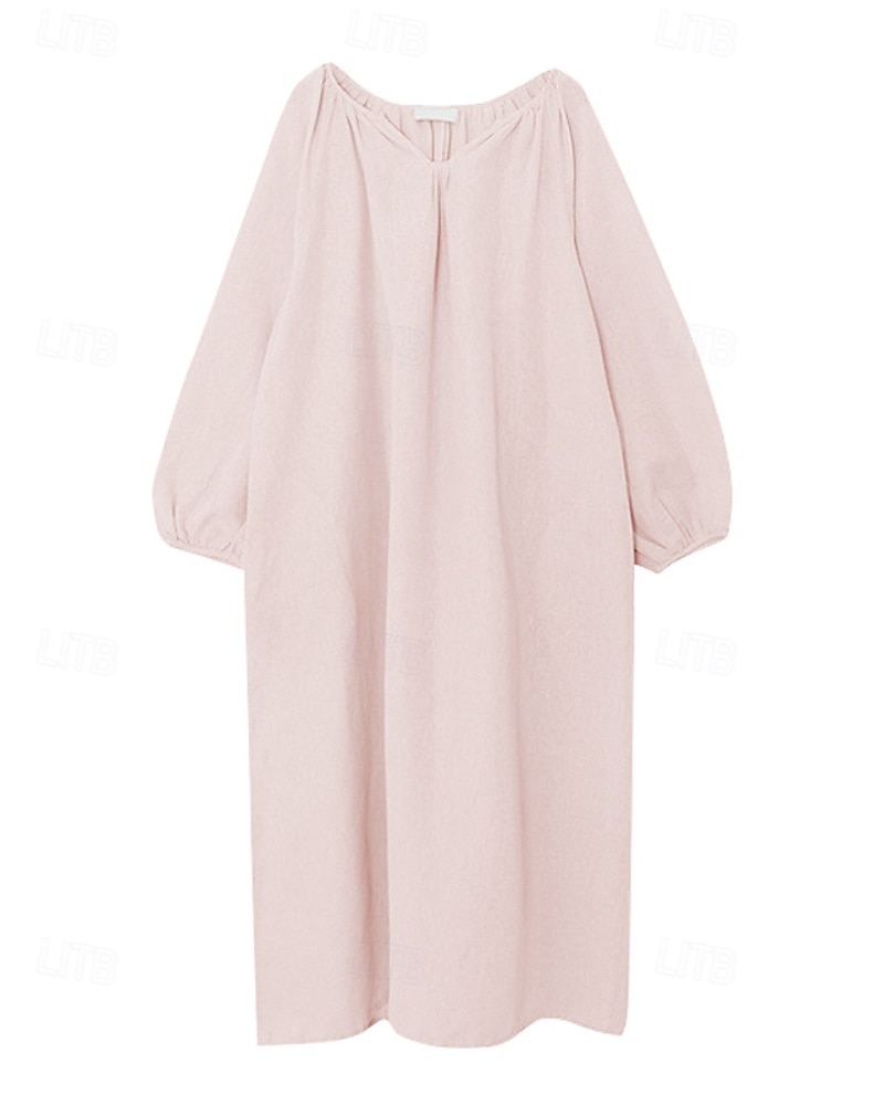 Dam Midiklänning Klänning i bomullslinne Klassisk Modern Utomhus Semester Helgdag Normal Slät Långärmad V-hals Svart Rodnande Rosa Aprikos Sommar 2025 - $38.99 –P12