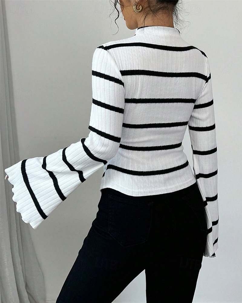 Femmes T-shirt Rayé Mode Moderne manche longue Col haut Hauts Réguliers Quotidien Sortir Noir Blanche Été Printemps de 2025 ? $19.99 –P2