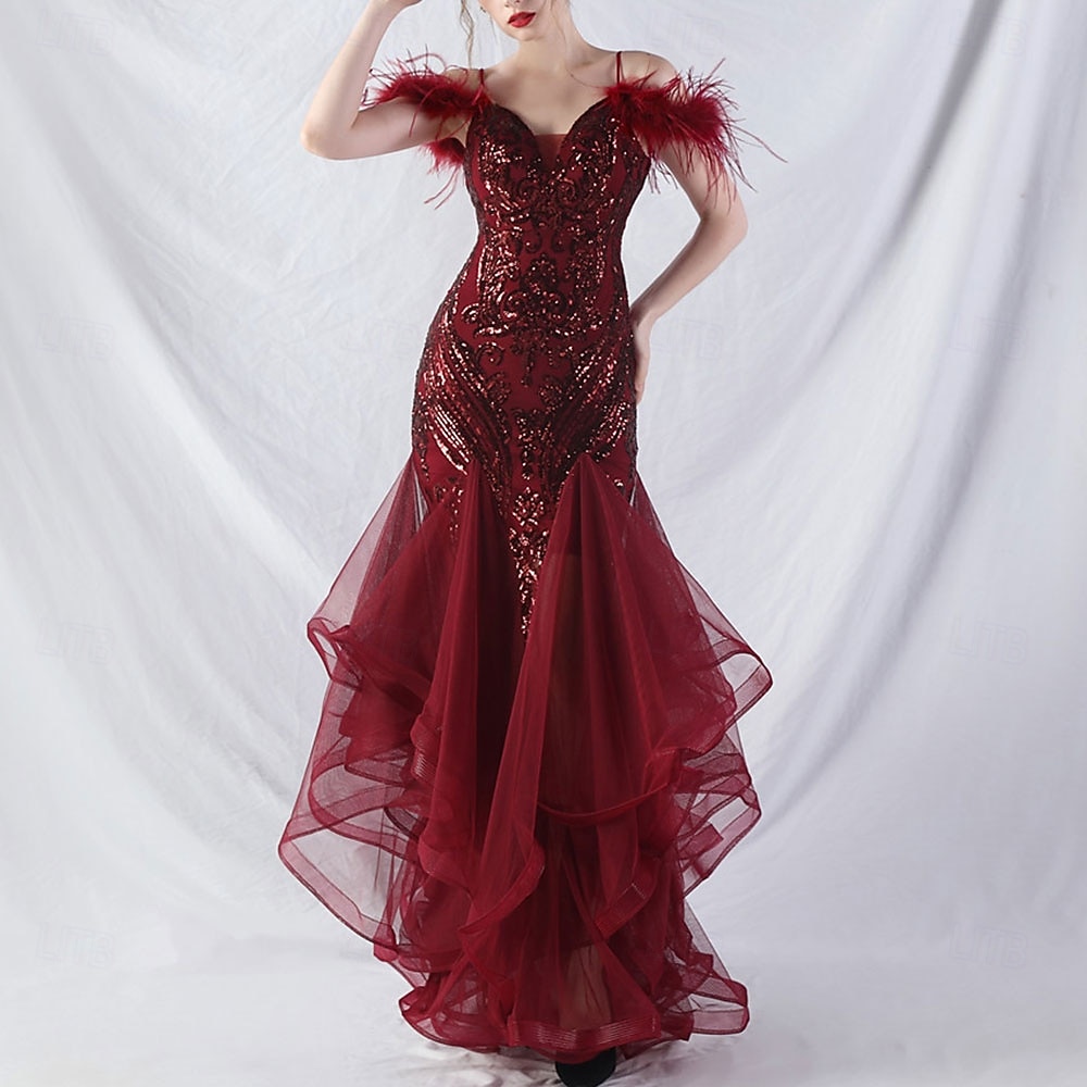 Abiti Quinceanera Mermaidi  Trumpet in Paillettes Elegante Abito Formale Semi Formale Matrimonio Lunghezza P_avimento Senza Maniche Scollo a V Tulle Volant con Piume del 2025 a $139.99 –P2