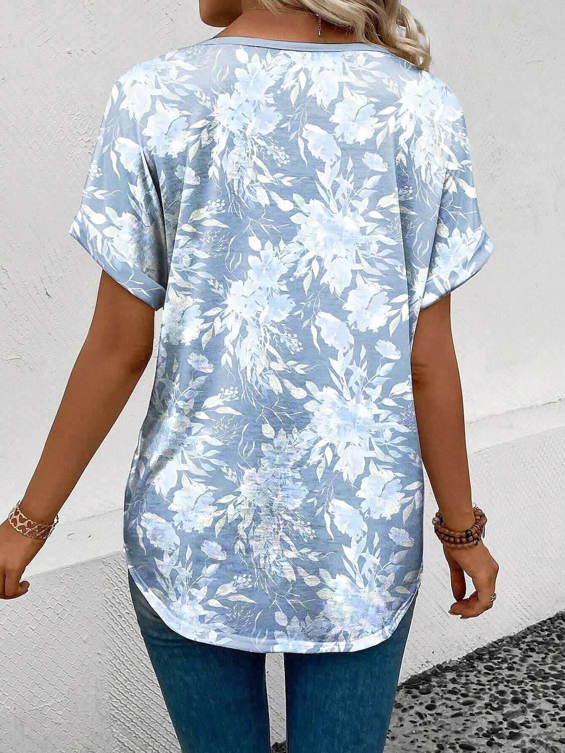 Damen T Shirt Blumen Grafik Stilvoll Lässig Kurzarm V Ausschnitt Normale Oberteile Täglich Druck Blau Sommer Frühling 2025 - $19.99 –P2