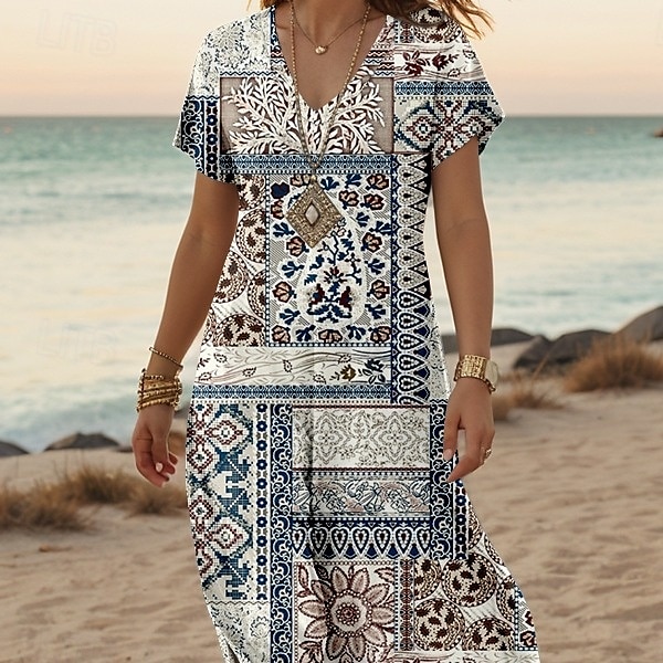 Women's Midi Dress Sundress A Line Dress Summer Dress Vacation Casual Daily Regular Fit Floral Graphic Short Sleeve V Neck Blue Summer Spring Fall 2025 - $28.99 –P3