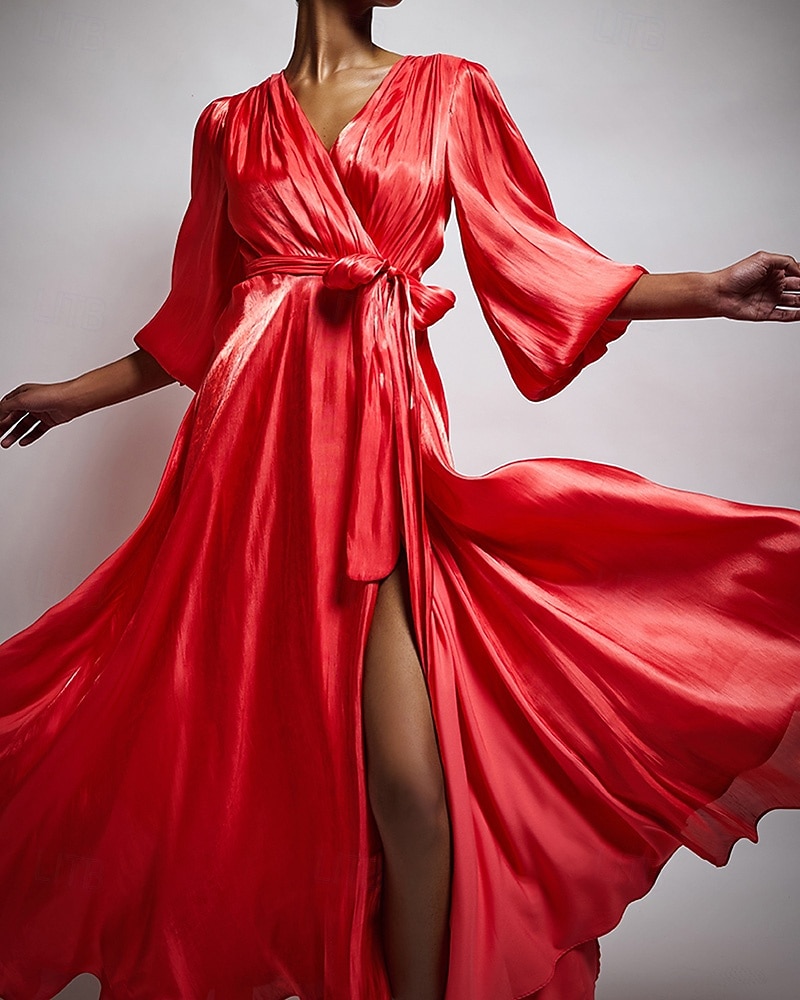 A-Line Evening Gown Liquid Organza High Split Dress Formal Wedding Guest  Floor Length 3/4 Length Sleeve V Neck Belt / Sash with Slit 2026 - CAD  $310.99