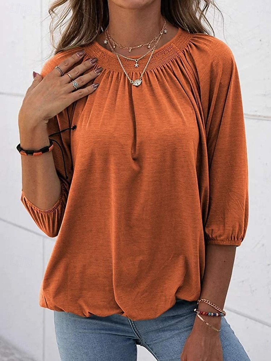 Femmes T-shirt Uni Mode Moderne Manche 3/4 Col ras du cou Hauts Réguliers Quotidien Noir Blanche Rose Claire Vin Vert Véronèse Été de 2025 ? $12.99 –P17