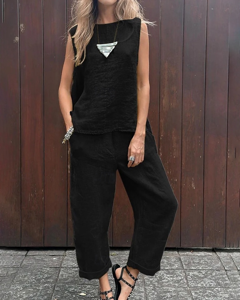 Femmes Actif Chemisier Ensembles de Pantalons Sans manches Col ras du cou Couleur Unie Fête Week-end Noir Jaune Bleu Été Coupe régulière de 2025 ? $24.99 –P4