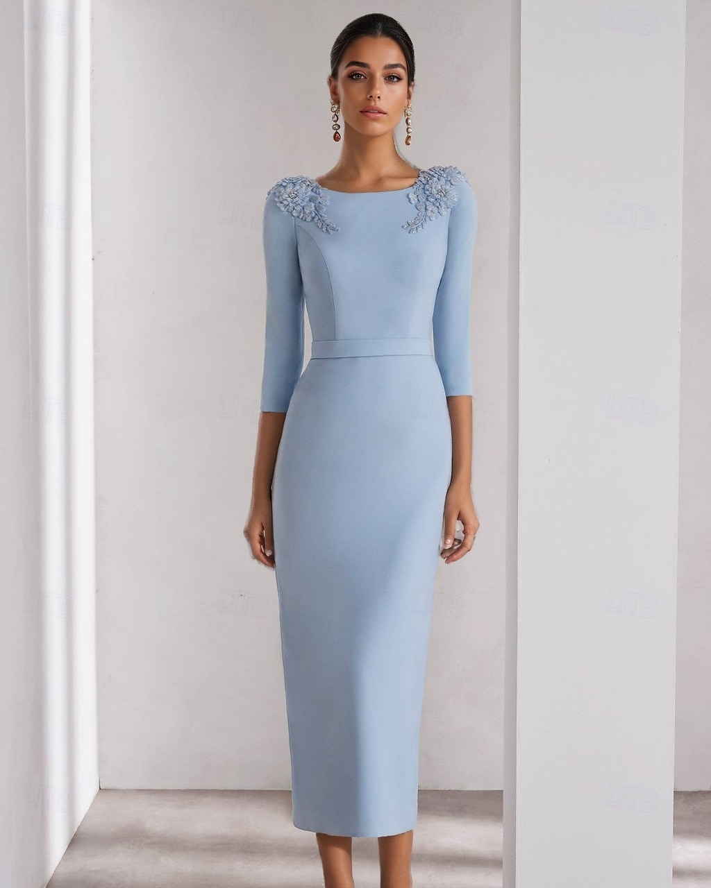 Rochii cocktail tip teacă  coloană elegantă pentru nuntă rochie formală lungime până la glezne cu mânecă de 3/4 guler rotund din crep elastic cu fante 2025 - $132.99 –P1