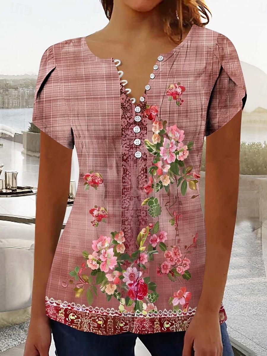 Dame Bluse Blomstret Grafisk Stilfull Fritid Kortermet V-hals Vanlige topper Daglig Knapper Trykt mønster Svart Gul Rosa Grønn Sommer 2025 - $23.99 –P3