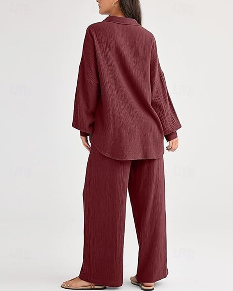 Dam Mode Streetwear Skjorta Tvådelade set Byxuppsättningar Långärmad Tröjkrage Ensfärgat Snörning Dagliga kläder Datum Svart Vin Armégrön Vår Normal 2025 - $38.99 –P18