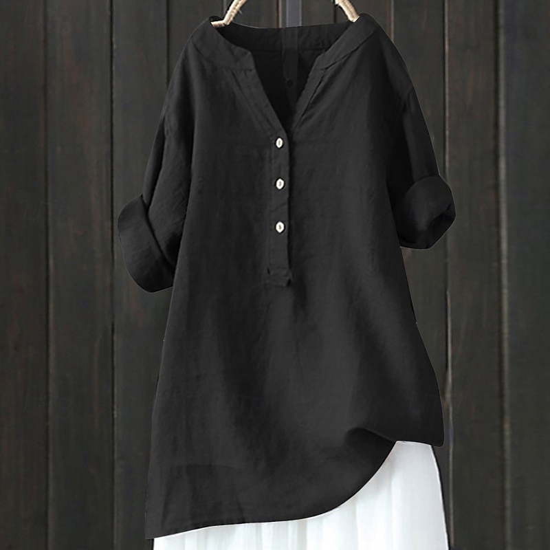Damen Hemd Baumwoll-Leinen-Hemden Bluse Einfach Modern Lässig Langarm V Ausschnitt Normale Oberteile Täglich Ferien Ausgehen Knöpfe Schwarz Gelb Marineblau Beige Sommer 2025 - $23.99 –P7