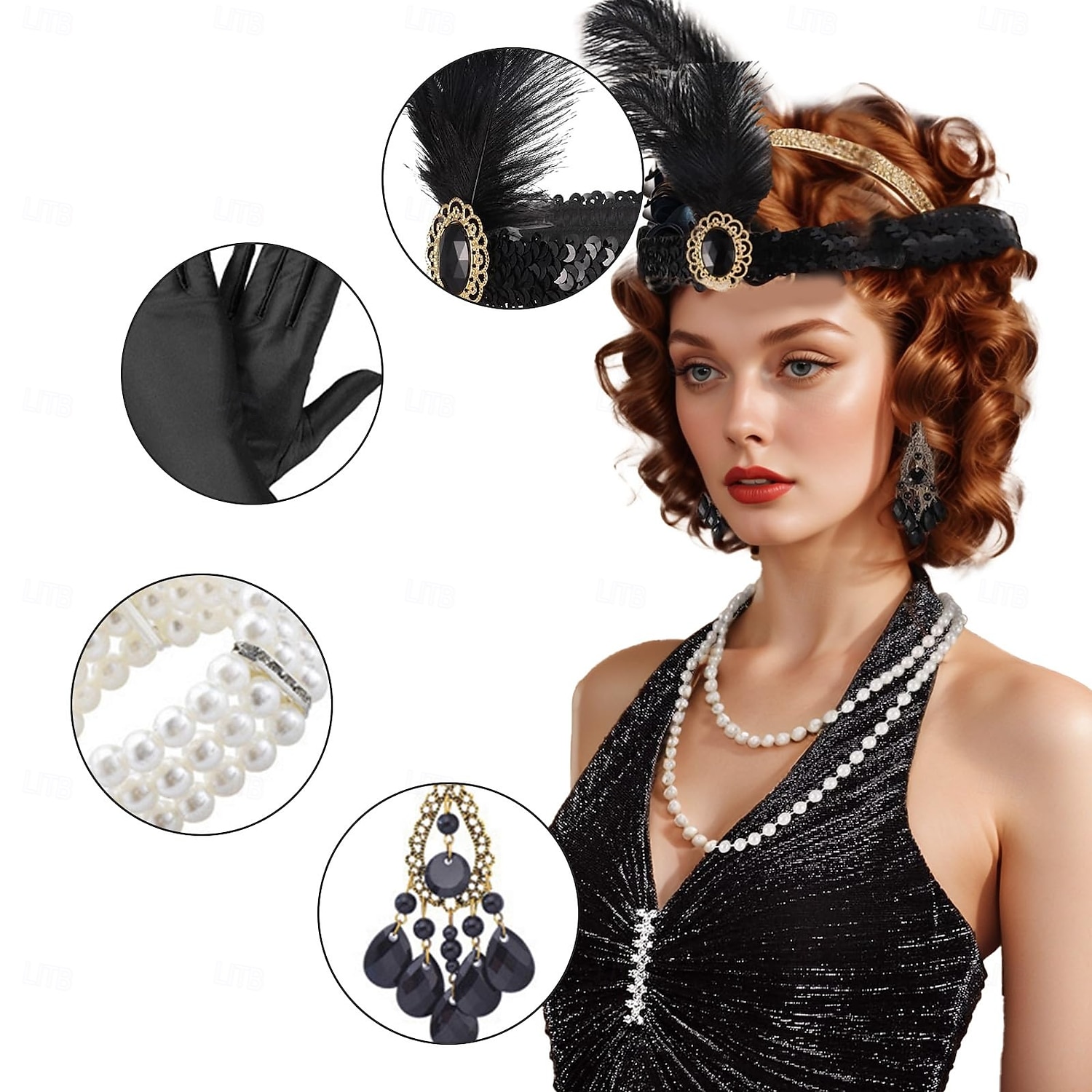 Den store Gatsby Flapperpannebånd i 1920-stil Perlearmbånd Øredobb Den store Gatsby Fjær Kontor / Bedrift Glitrende glitter Dame Karneval Valentinsdag Maskerade Festkveldsklær Maskerade Festival 2025 - $20.99 –P3