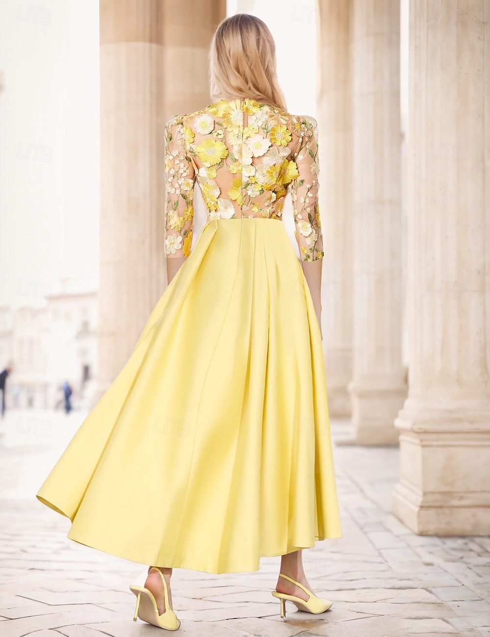 Floral A-Line Embroidered Yellow Cocktail Dresses Elegant Dress Formal Wedding Ankle Length 3/4 Length Sleeve Illusion Neck Satin with Pocket 2025 - $127.99 –P2