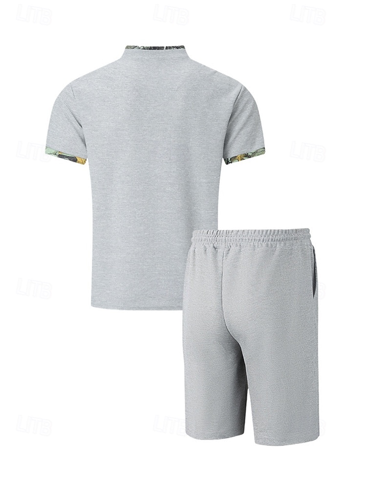 Men's Waffle Shirt T-shirt Suits 2 Pieces Outfits Tee & Shorts Short Sleeve Standing Collar Summer Color Block Fashion Casual 2 Piece Front Pocket Vacation Daily Wear Going out Black White Royal Blue 2025 - $34.99 –P14
