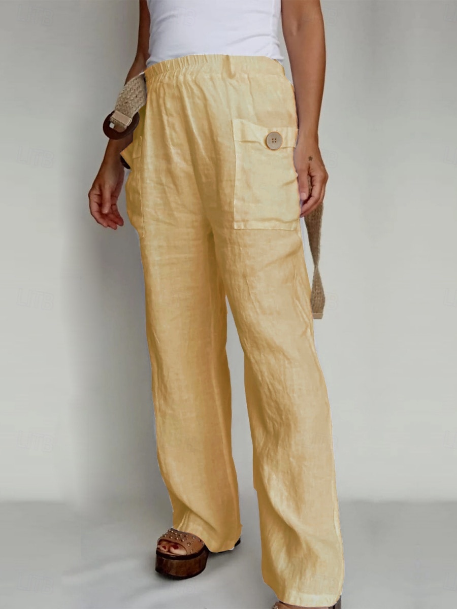 Pantaloni ampi in cotone e lino A tinta unita Chinos Pantaloni baggy Basic Casual Lunghezza intera Vita alta Semplice Pockets Fascia elastica Comfort All'aperto Micro-elastico Vacanze Strada del 2025 a $19.99 –P6